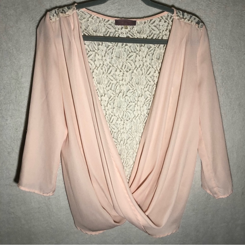 Harper Pink Drape Front Lace Back Top, Size Small